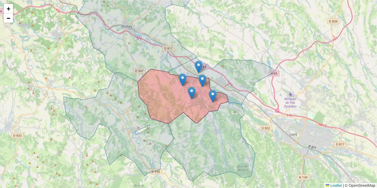 Carte de la zone du code postal  et des codes postaux voisins en France