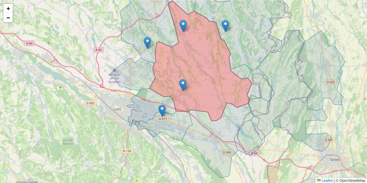 Carte de la zone du code postal  et des codes postaux voisins en France