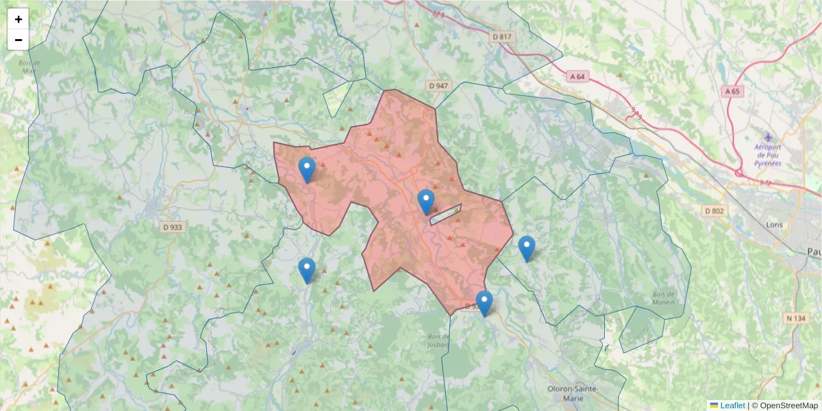Carte de la zone du code postal  et des codes postaux voisins en France