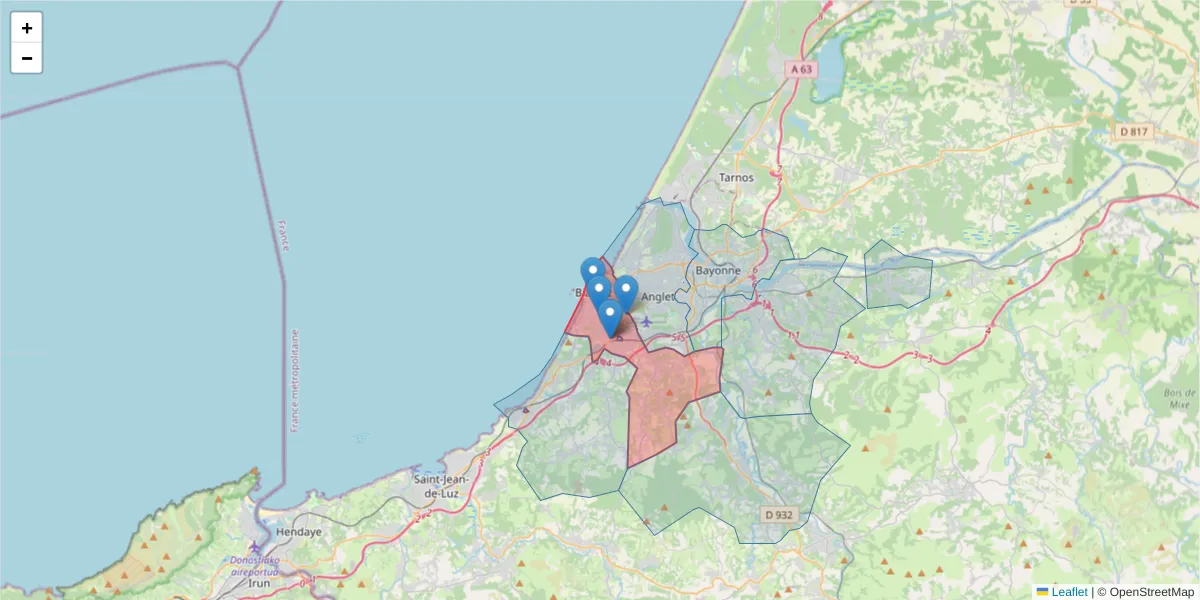 Carte de la zone du code postal  et des codes postaux voisins en France