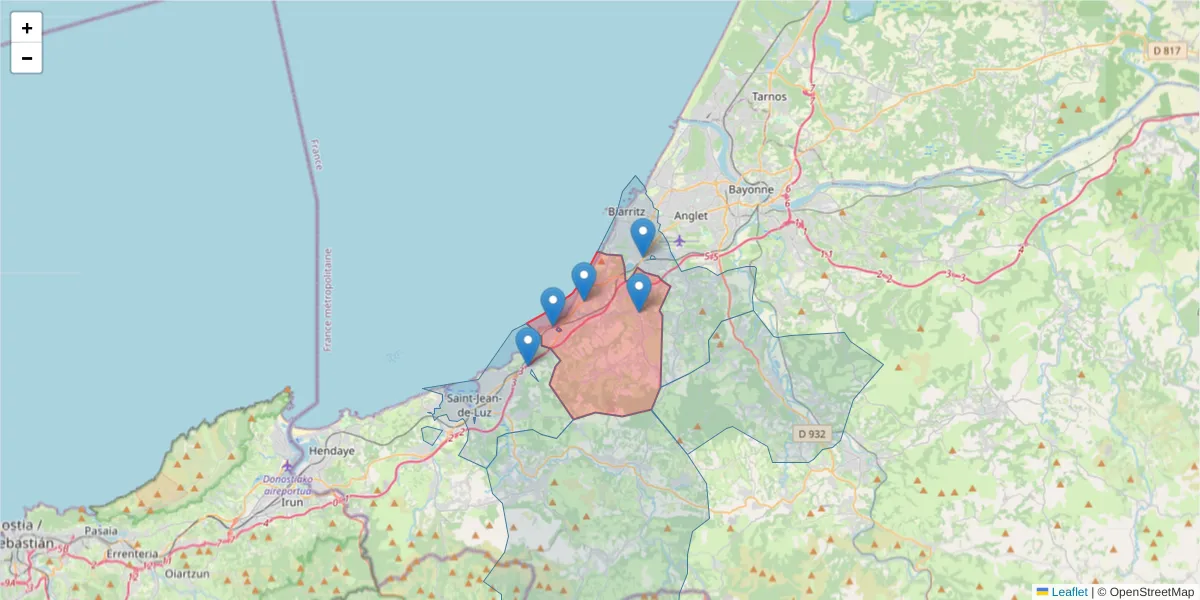 Carte de la zone du code postal  et des codes postaux voisins en France