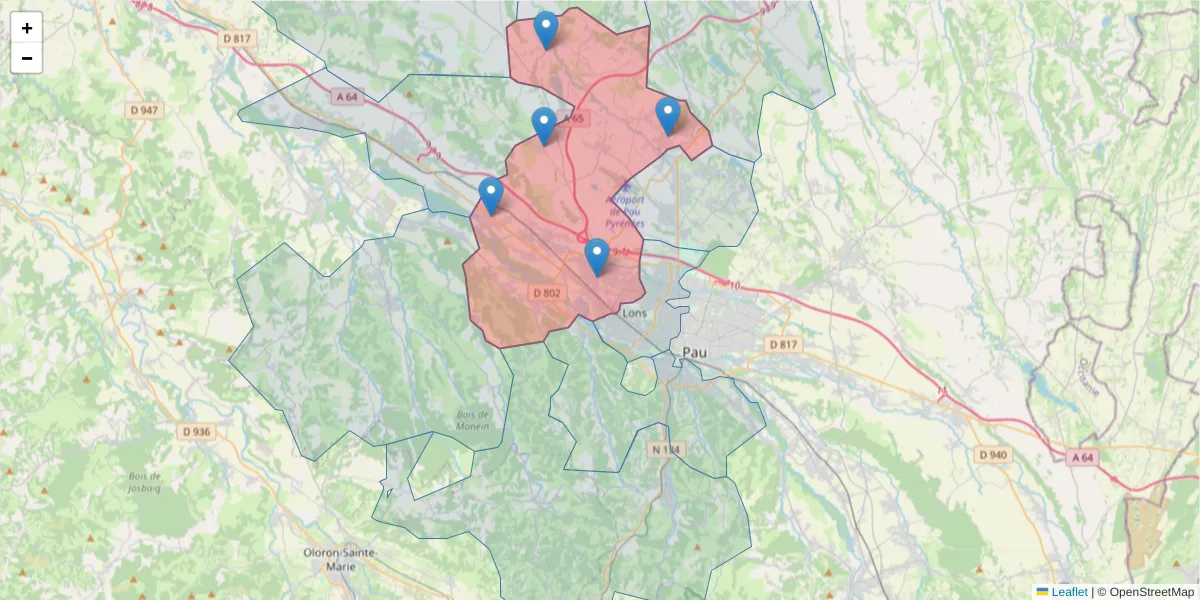 Carte de la zone du code postal  et des codes postaux voisins en France