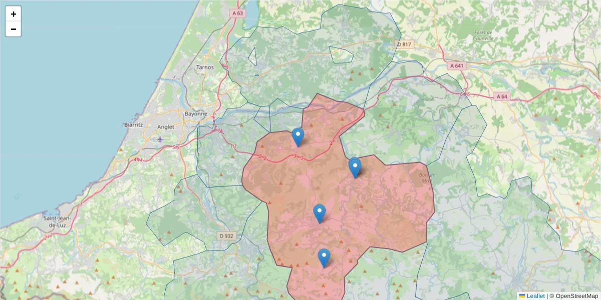 Carte de la zone du code postal  et des codes postaux voisins en France