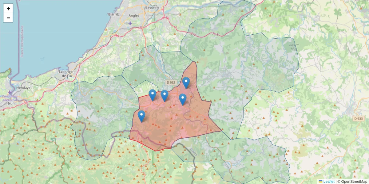 Carte de la zone du code postal  et des codes postaux voisins en France