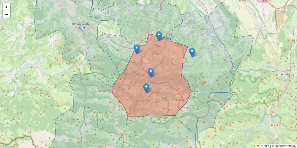 Carte de la zone du code postal  et des codes postaux voisins en France