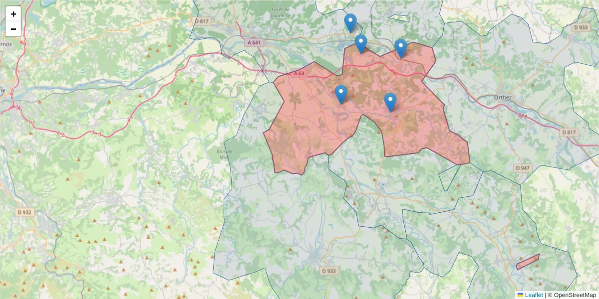 Carte de la zone du code postal  et des codes postaux voisins en France