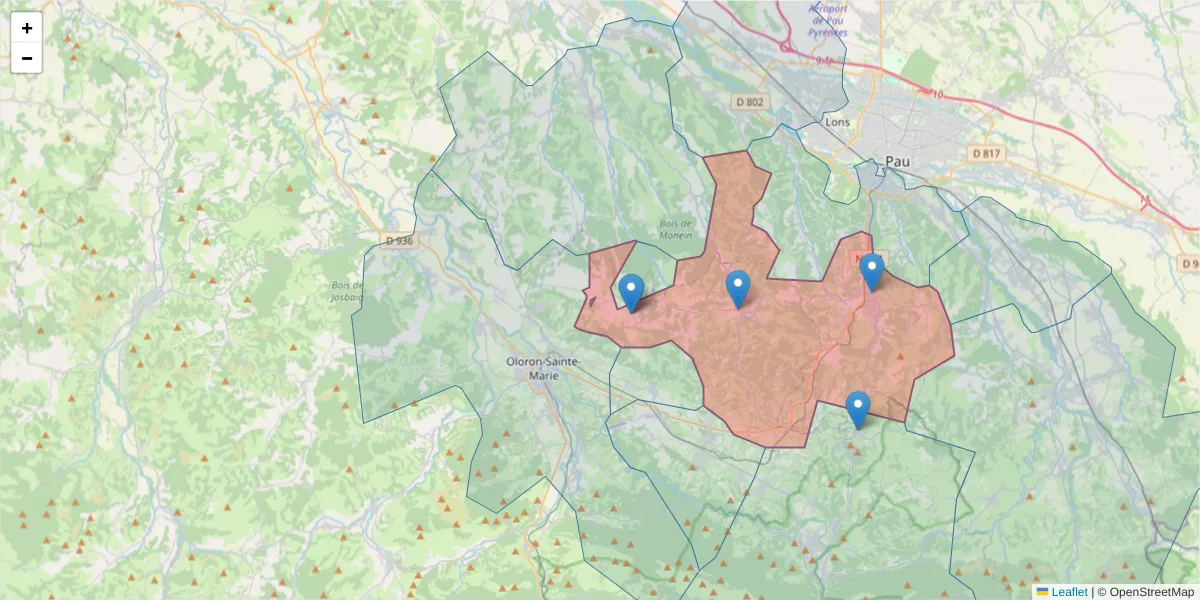 Carte de la zone du code postal  et des codes postaux voisins en France