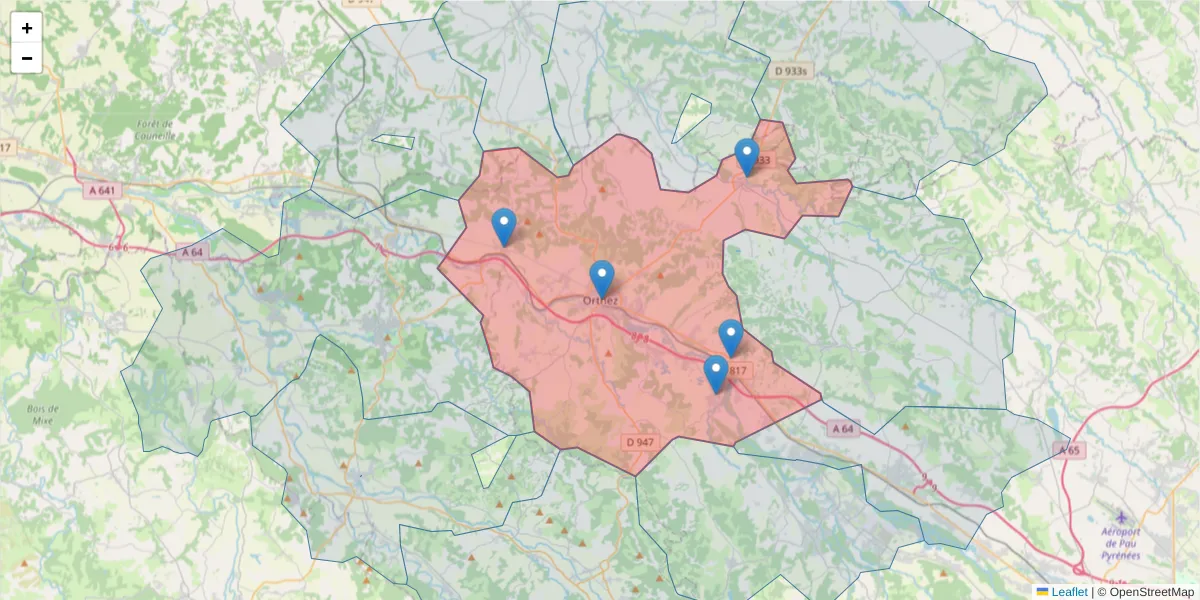 Carte de la zone du code postal  et des codes postaux voisins en France