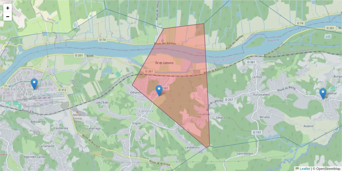 Carte de la zone du code postal  et des codes postaux voisins en France