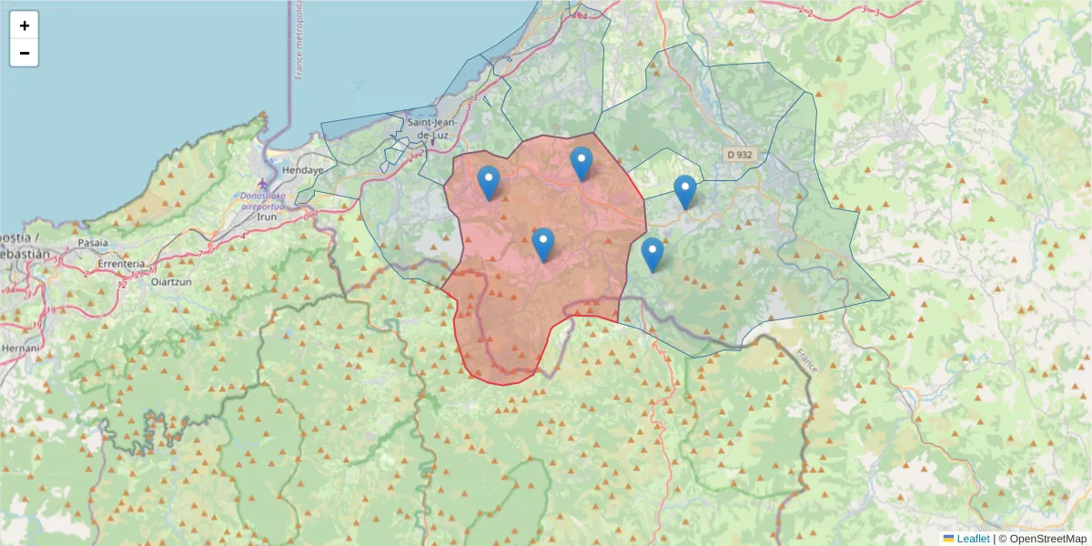 Carte de la zone du code postal  et des codes postaux voisins en France