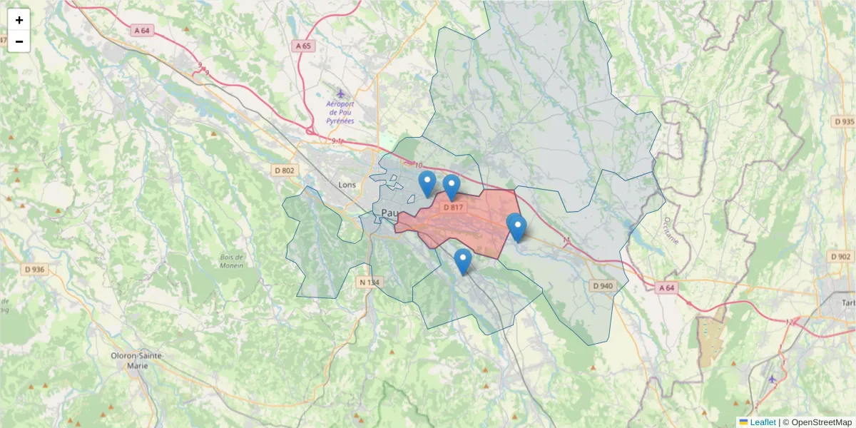 Carte de la zone du code postal  et des codes postaux voisins en France