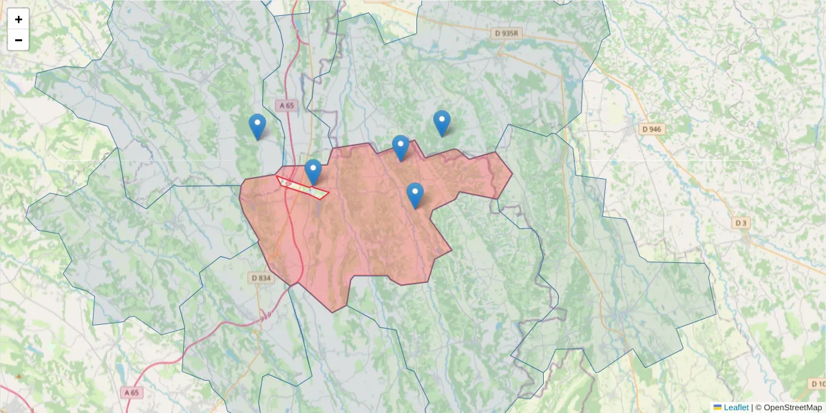 Carte de la zone du code postal  et des codes postaux voisins en France