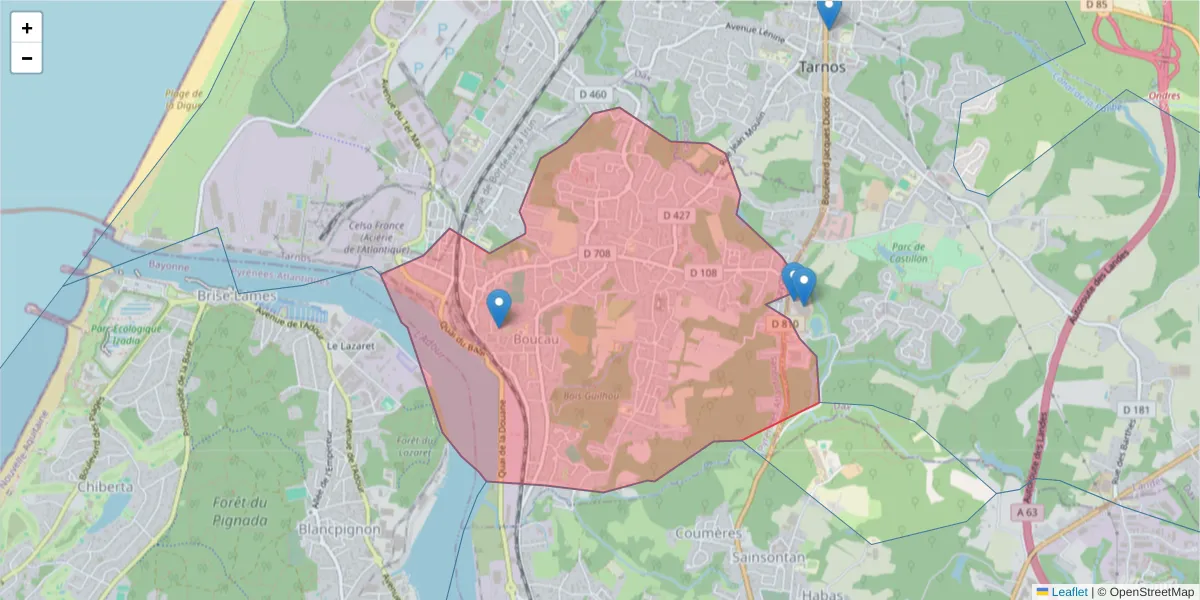 Carte de la zone du code postal  et des codes postaux voisins en France