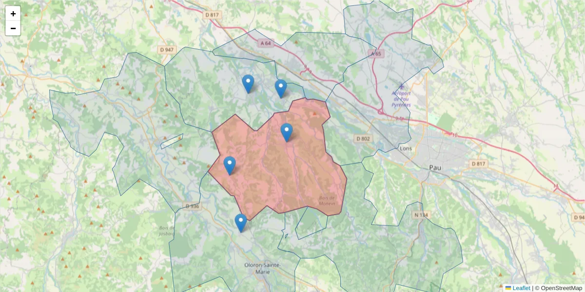 Carte de la zone du code postal  et des codes postaux voisins en France