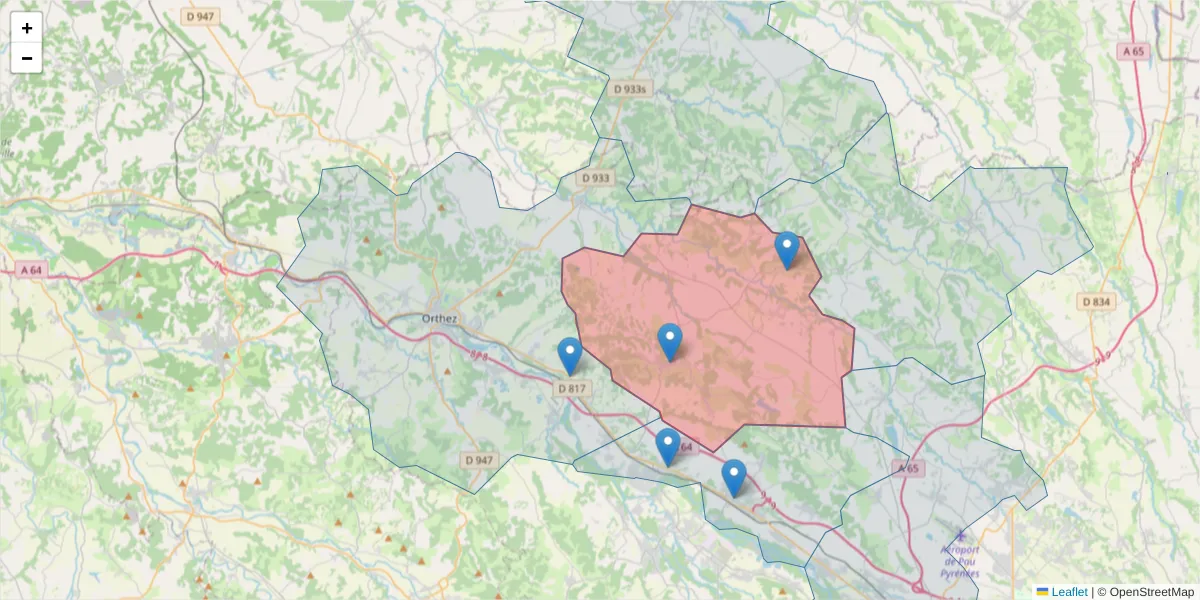 Carte de la zone du code postal  et des codes postaux voisins en France