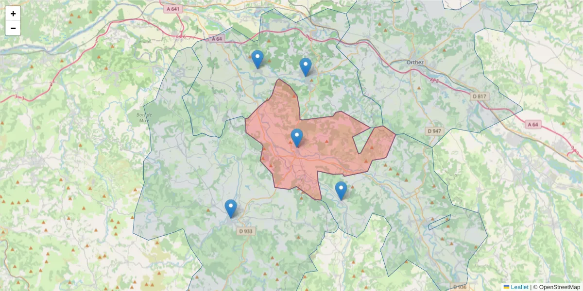 Carte de la zone du code postal  et des codes postaux voisins en France