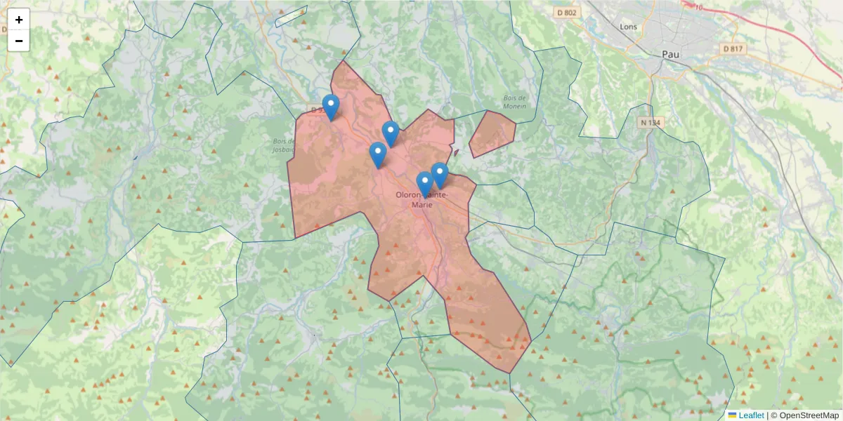 Carte de la zone du code postal  et des codes postaux voisins en France
