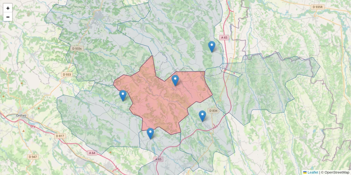 Carte de la zone du code postal  et des codes postaux voisins en France