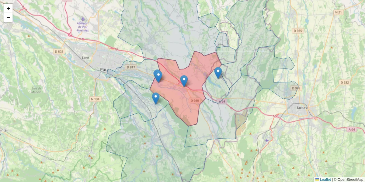 Carte de la zone du code postal  et des codes postaux voisins en France