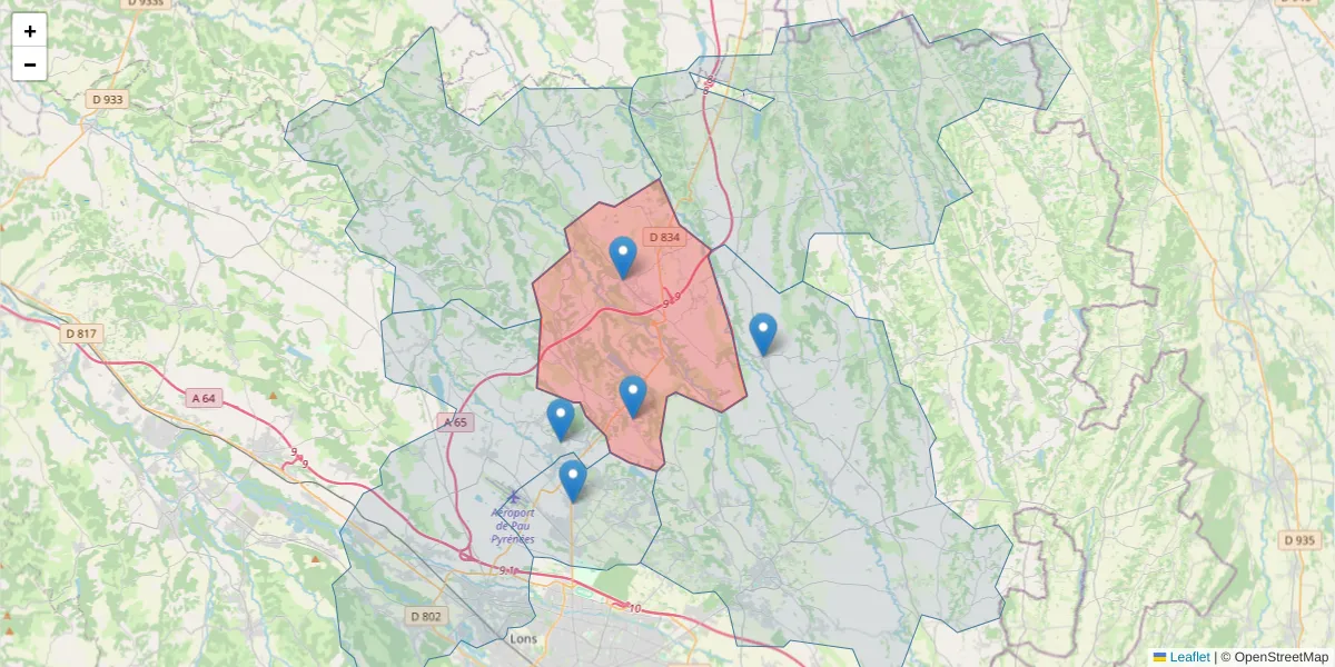 Carte de la zone du code postal  et des codes postaux voisins en France