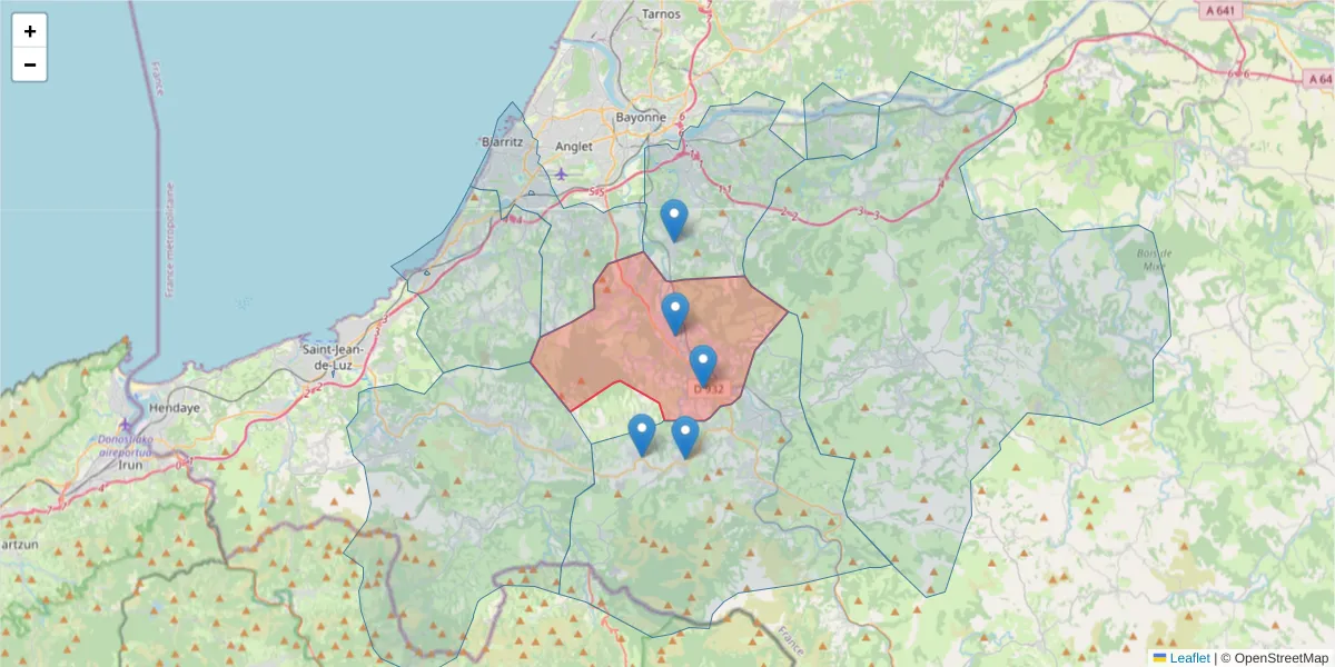 Carte de la zone du code postal  et des codes postaux voisins en France