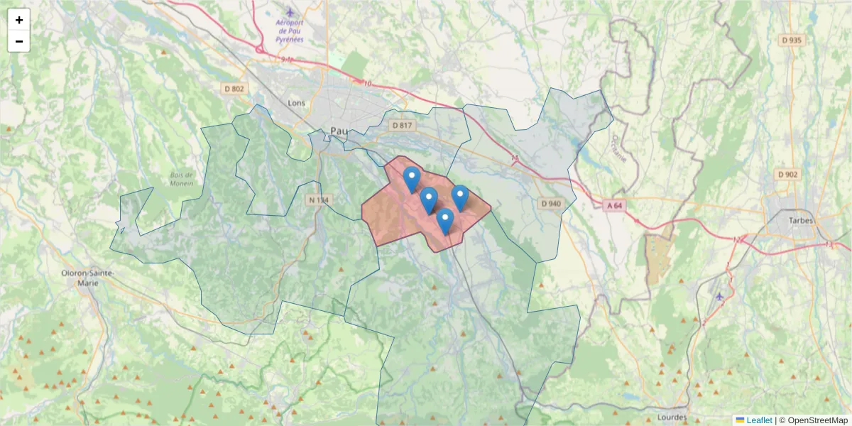 Carte de la zone du code postal  et des codes postaux voisins en France