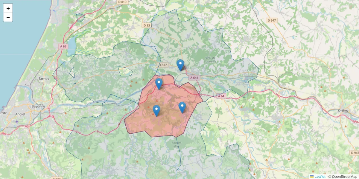 Carte de la zone du code postal  et des codes postaux voisins en France
