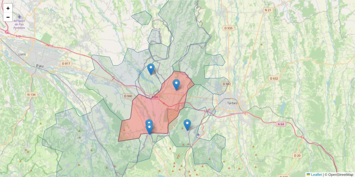 Carte de la zone du code postal  et des codes postaux voisins en France