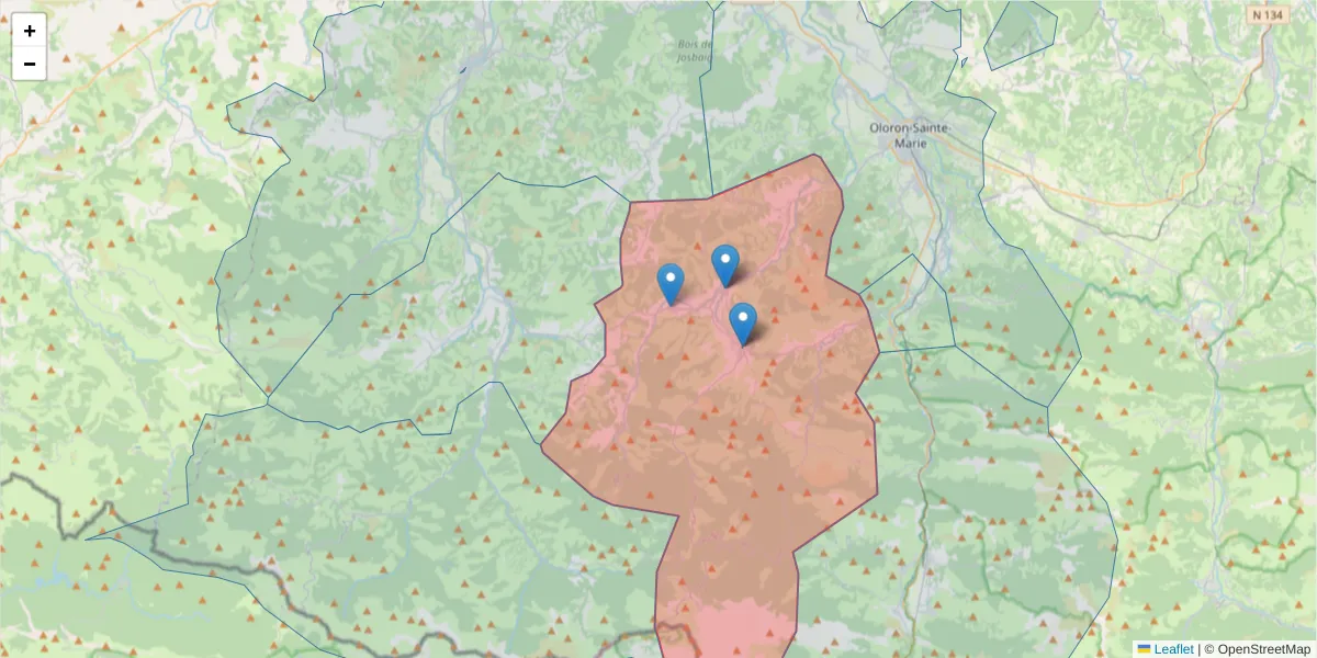 Carte de la zone du code postal  et des codes postaux voisins en France