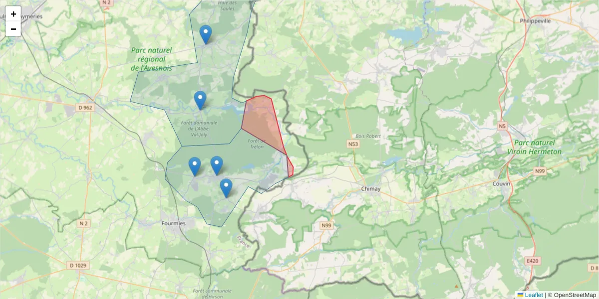 Carte de la zone du code postal  et des codes postaux voisins en France