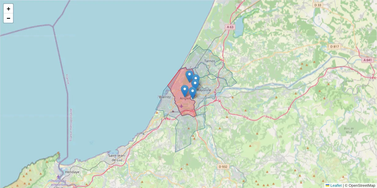 Carte de la zone du code postal  et des codes postaux voisins en France