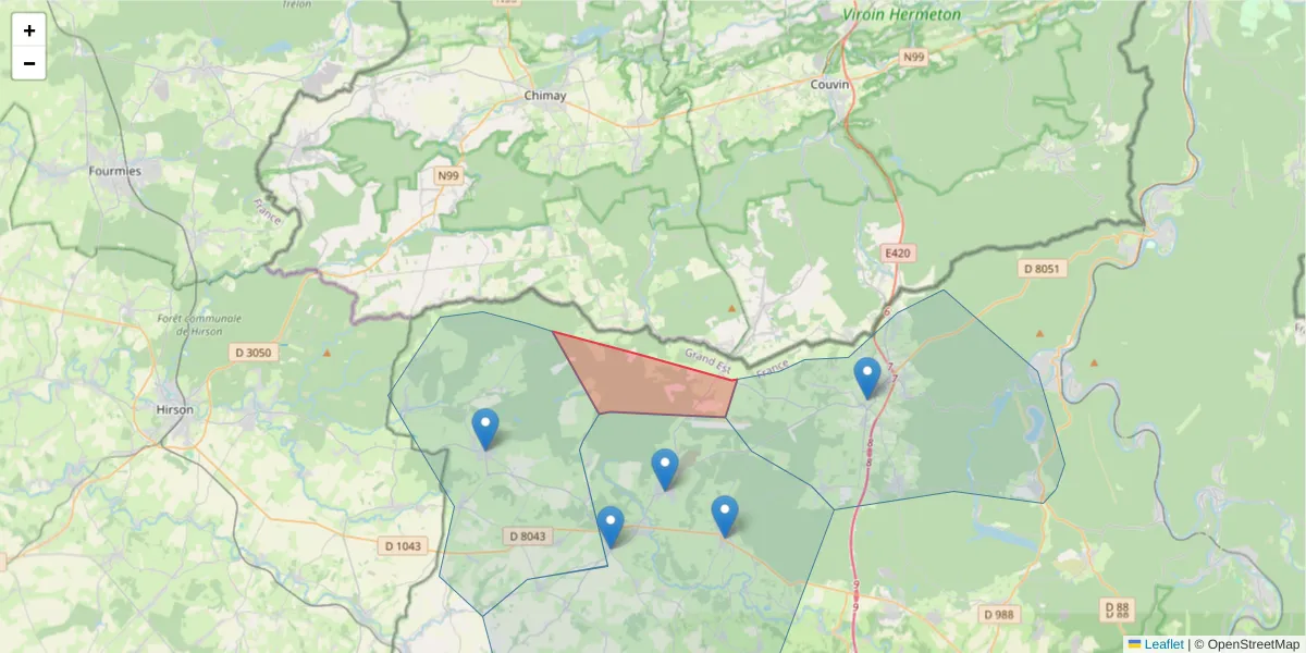 Carte de la zone du code postal  et des codes postaux voisins en France