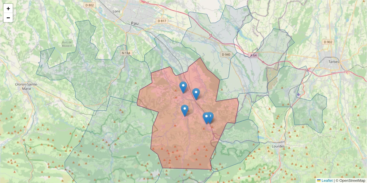 Carte de la zone du code postal  et des codes postaux voisins en France