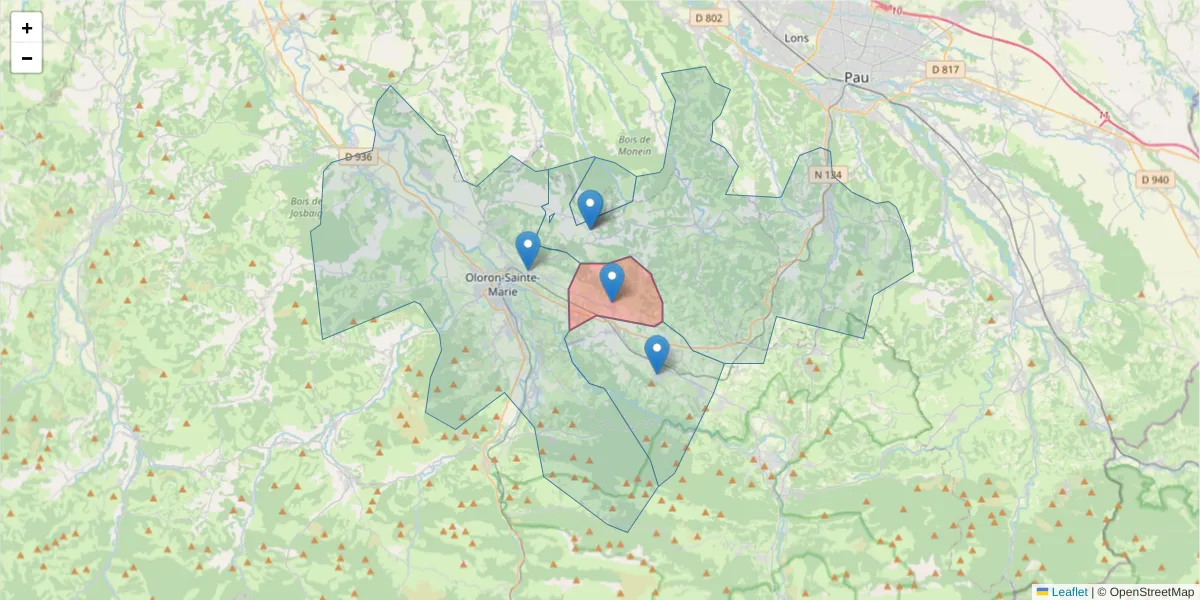 Carte de la zone du code postal  et des codes postaux voisins en France