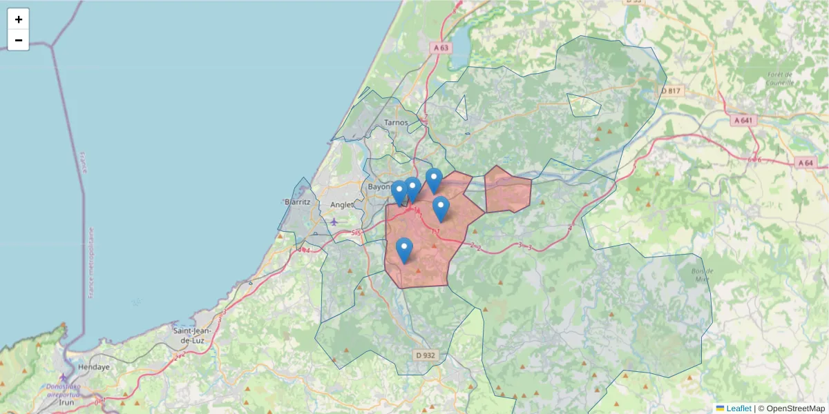 Carte de la zone du code postal  et des codes postaux voisins en France