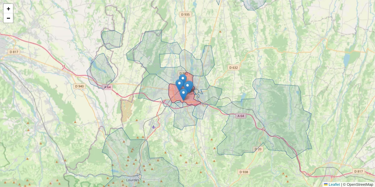 Carte de la zone du code postal  et des codes postaux voisins en France