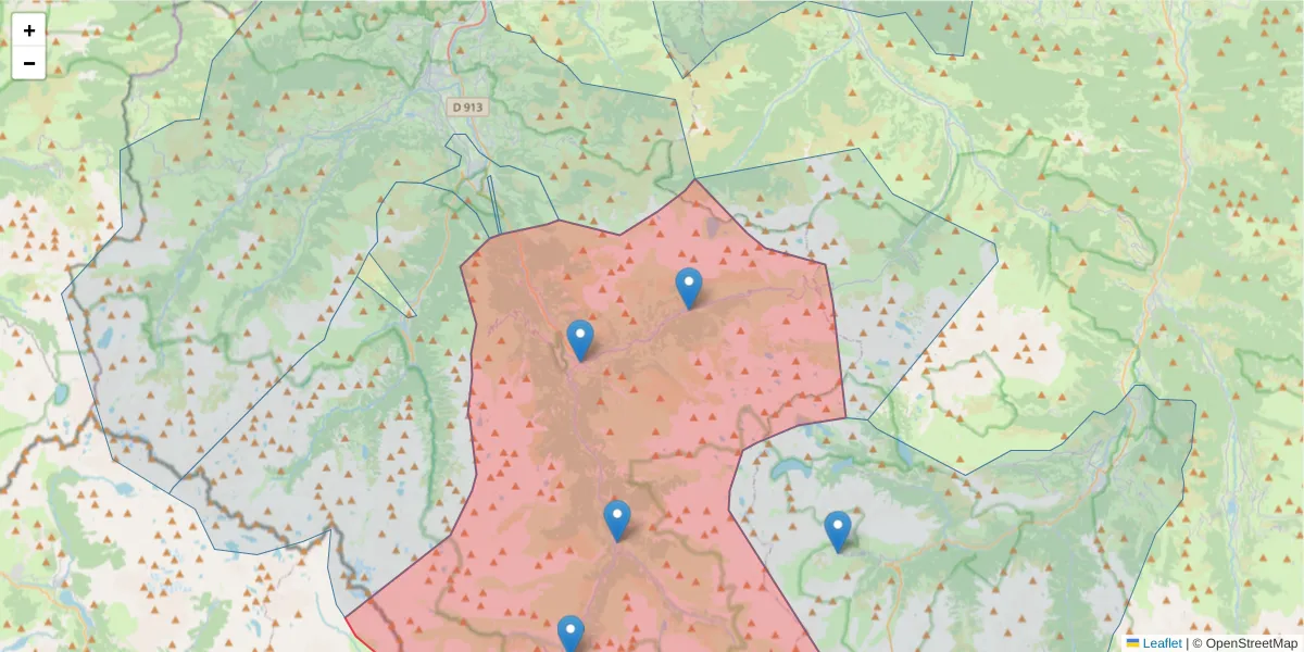 Carte de la zone du code postal  et des codes postaux voisins en France