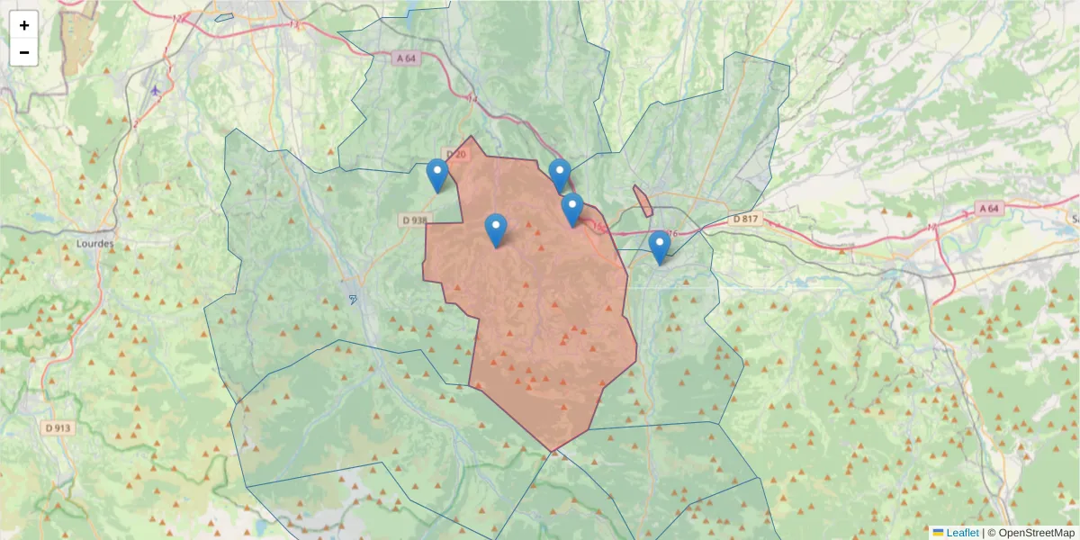 Carte de la zone du code postal  et des codes postaux voisins en France