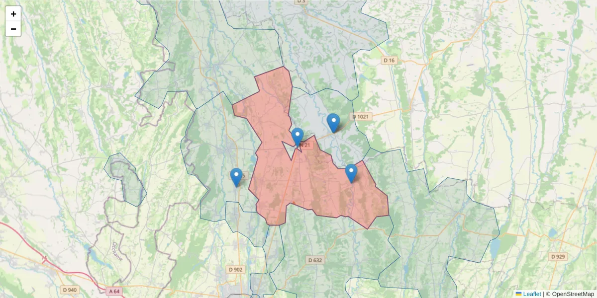 Carte de la zone du code postal  et des codes postaux voisins en France