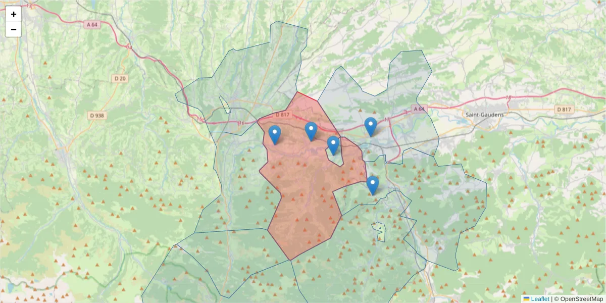 Carte de la zone du code postal  et des codes postaux voisins en France