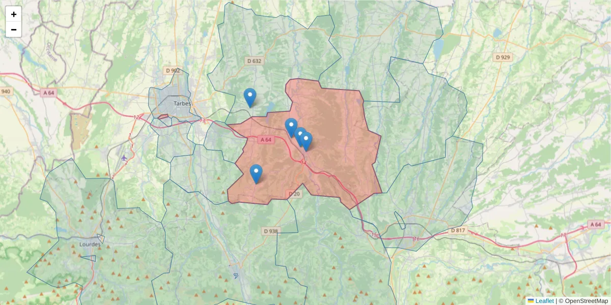 Carte de la zone du code postal  et des codes postaux voisins en France