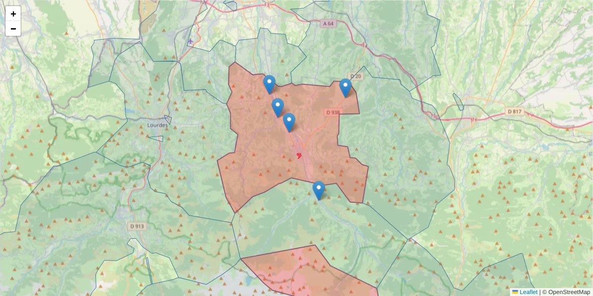 Carte de la zone du code postal  et des codes postaux voisins en France