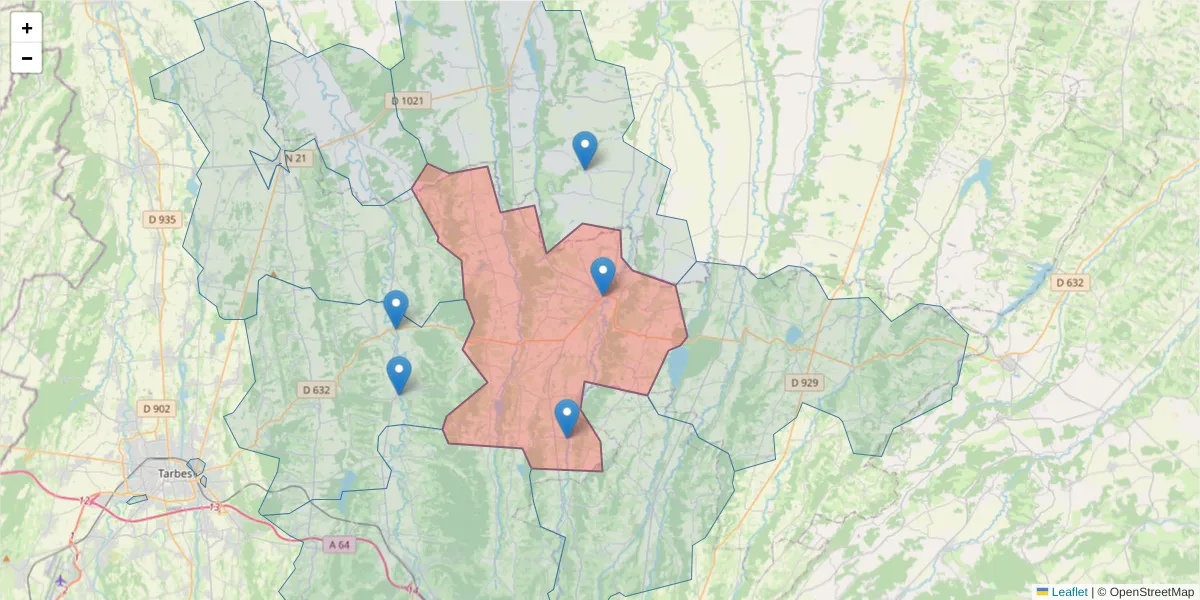 Carte de la zone du code postal  et des codes postaux voisins en France