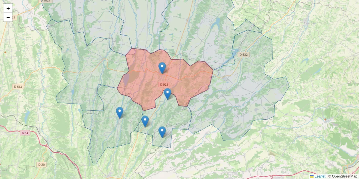 Carte de la zone du code postal  et des codes postaux voisins en France