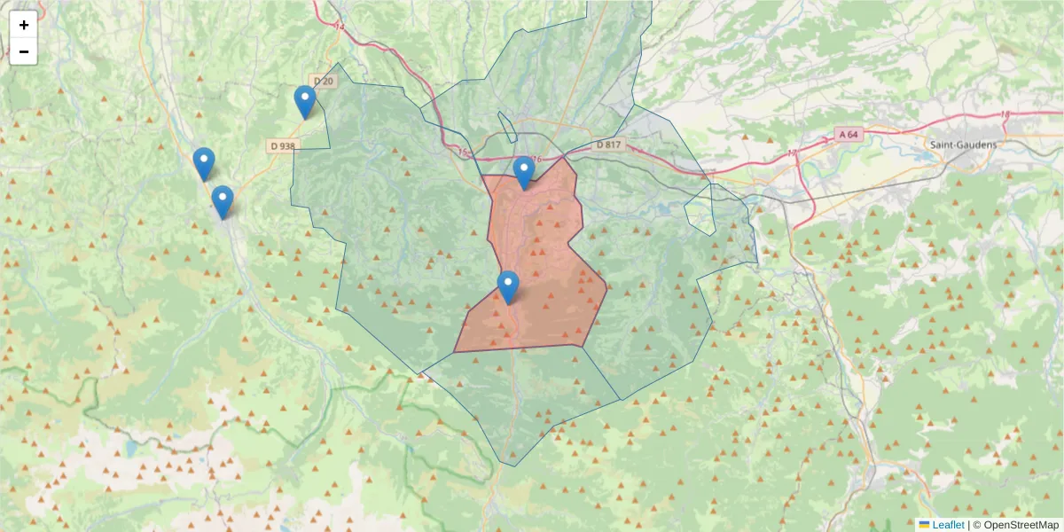 Carte de la zone du code postal  et des codes postaux voisins en France