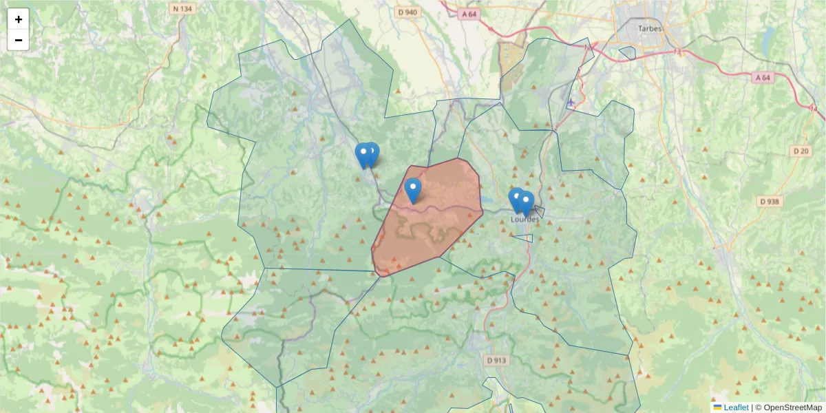 Carte de la zone du code postal  et des codes postaux voisins en France
