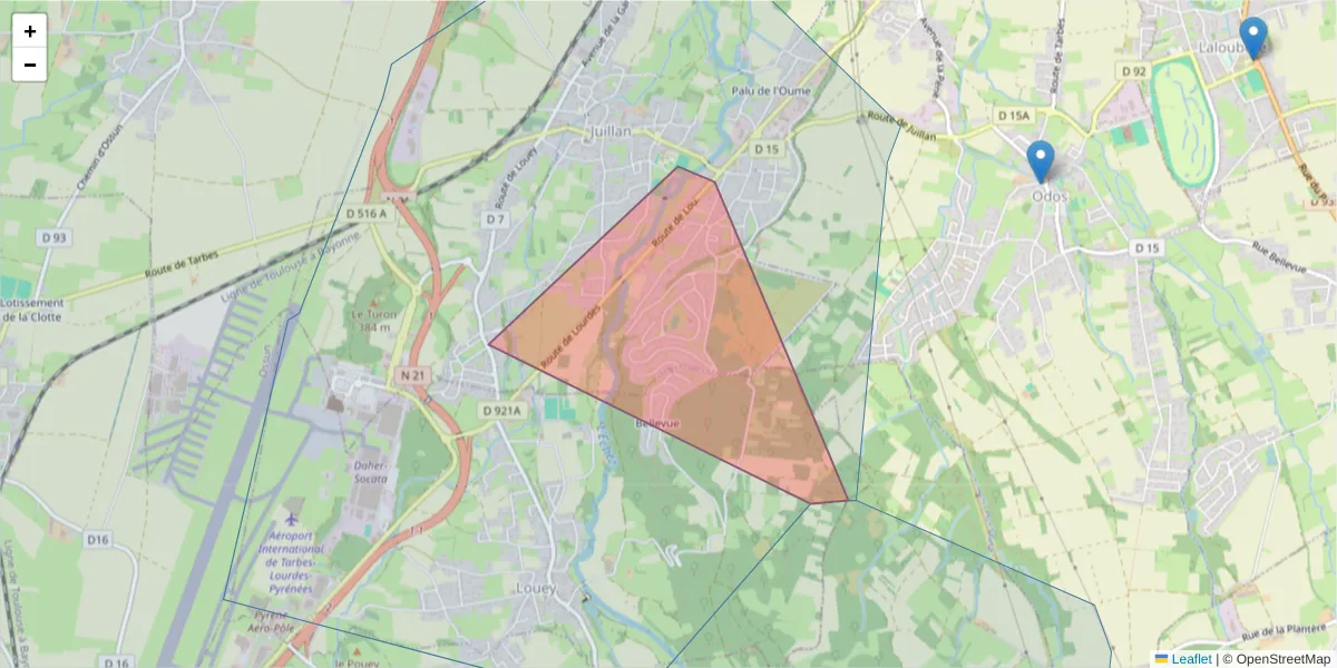 Carte de la zone du code postal  et des codes postaux voisins en France