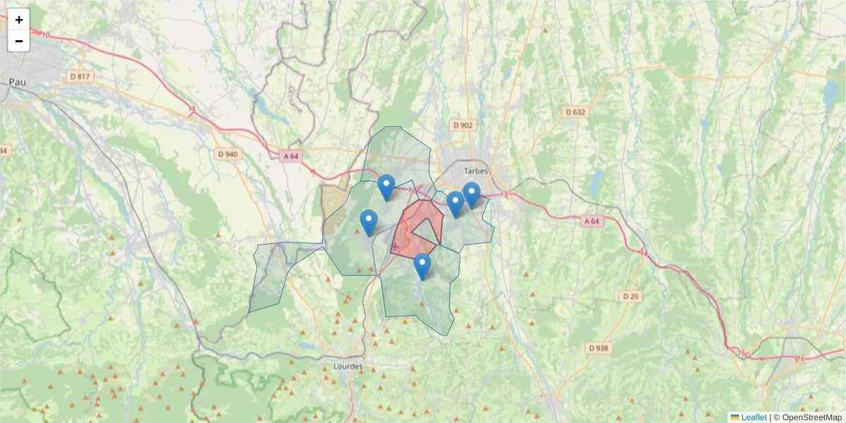 Carte de la zone du code postal  et des codes postaux voisins en France