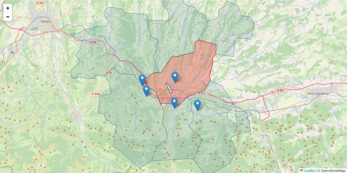 Carte de la zone du code postal  et des codes postaux voisins en France