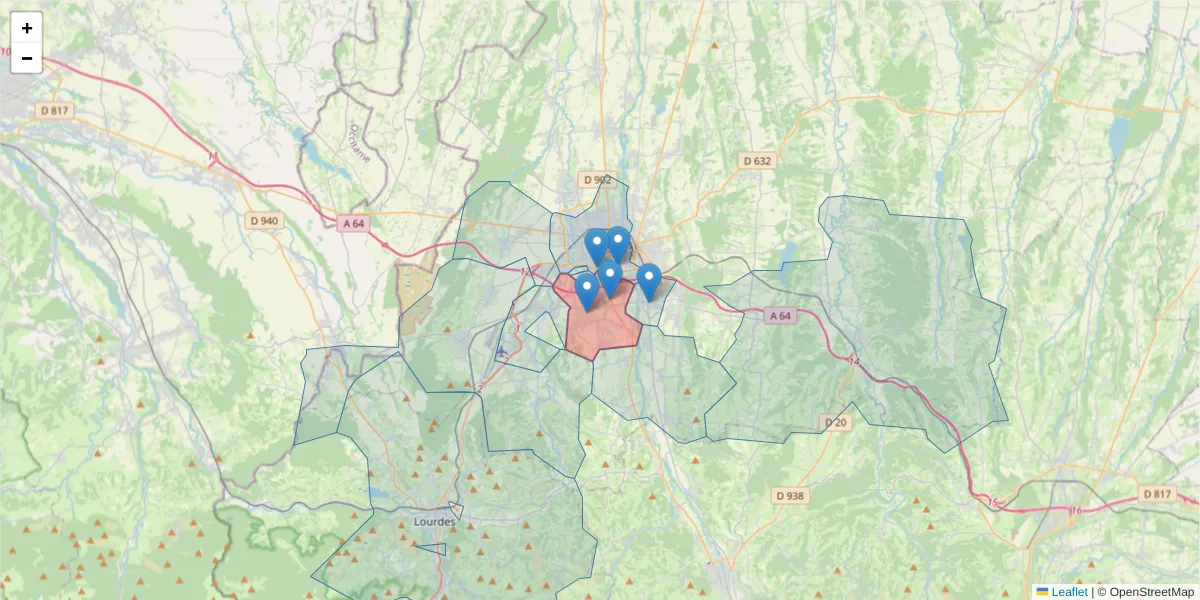 Carte de la zone du code postal  et des codes postaux voisins en France